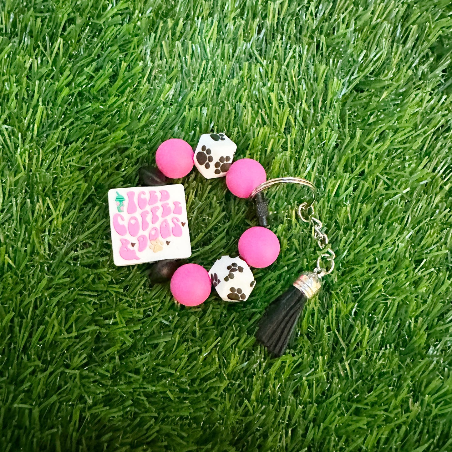Iced Coffee & Dogs Cup Charm, Small Key Ring with Silicone Beads