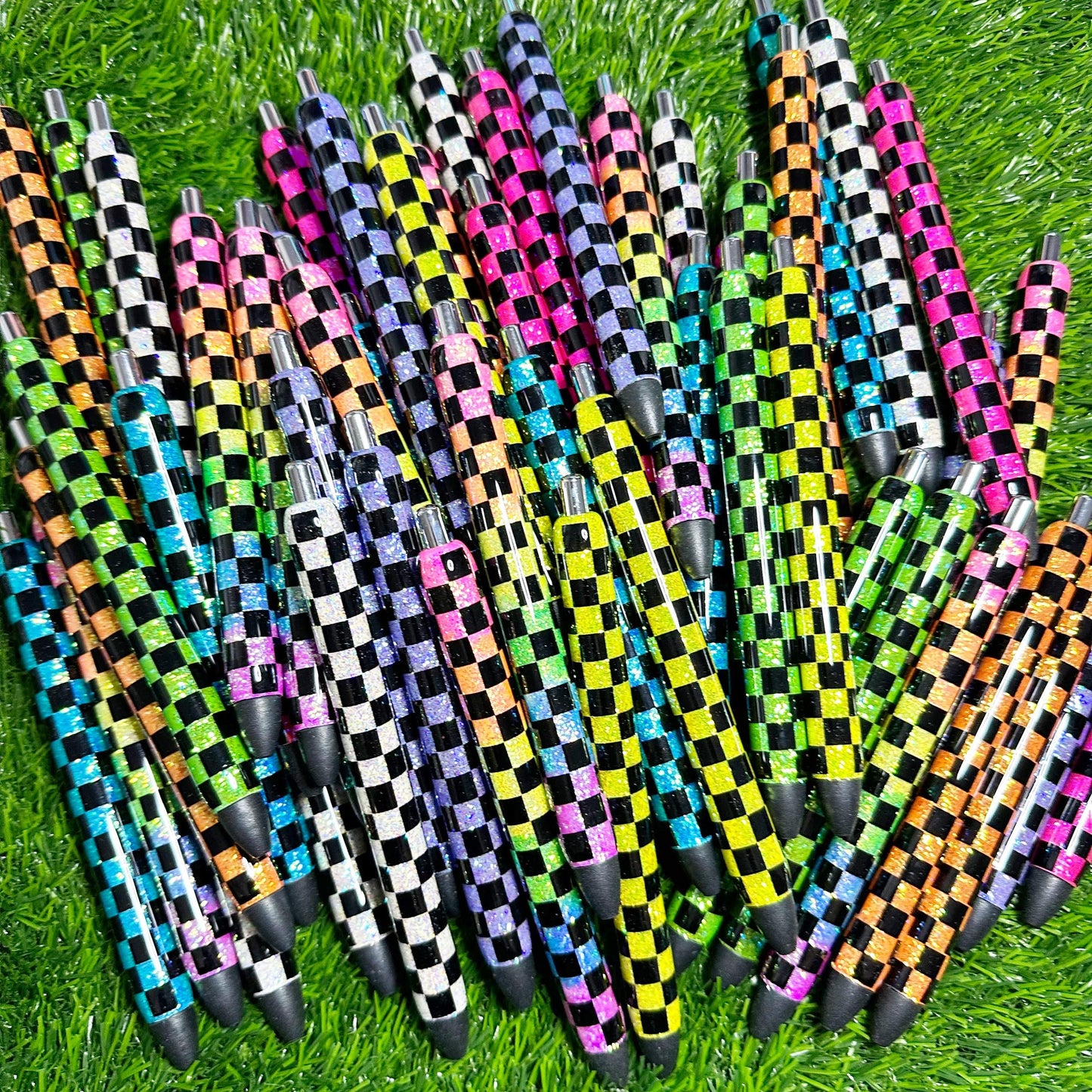 Checker Board Glitter Ink Joy Gel Pens – Black Ink – Colorful Aesthetic Click Pen – Teacher Gift – Planner Accessories