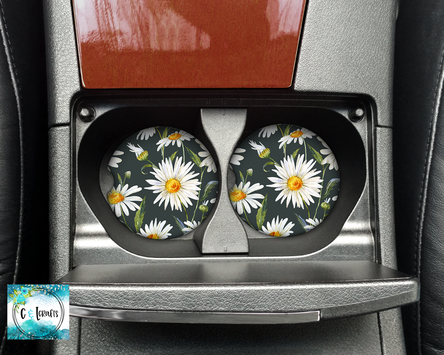 Daisy Flower Dark Background//Set of 2 Car Coasters