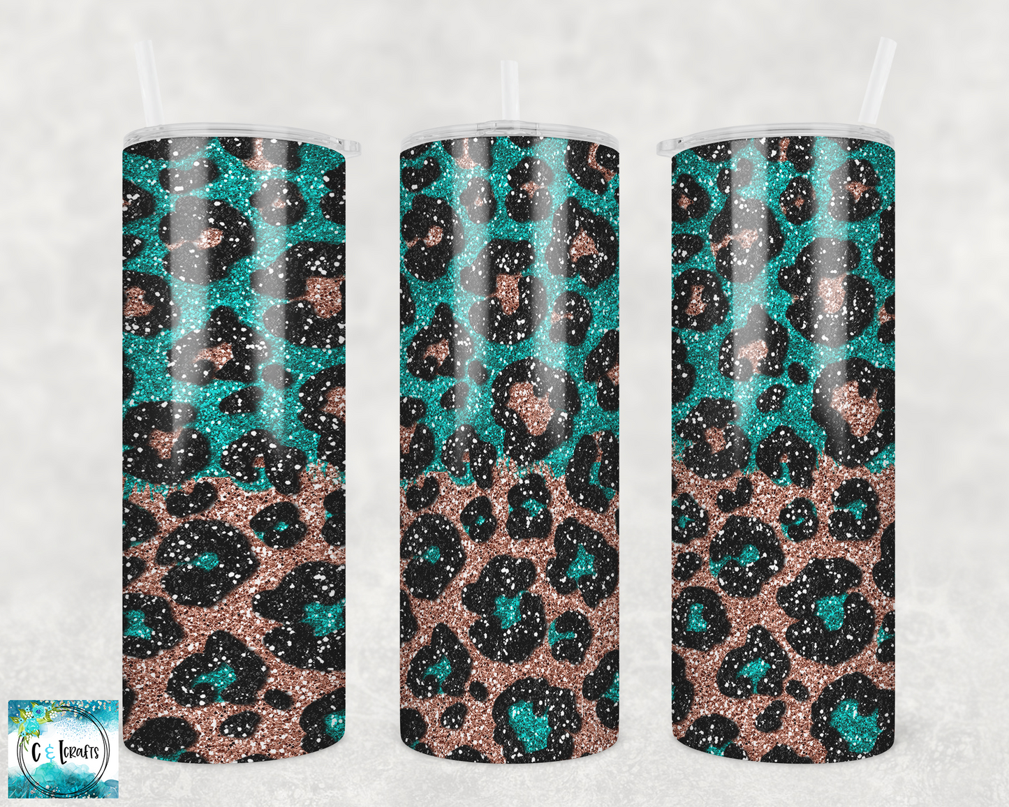 Teal & Gold Glitter Leopard 20oz Skinny Tumbler