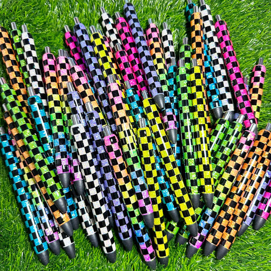 Checker Board Glitter Ink Joy Gel Pens – Black Ink  – Colorful Aesthetic Click Pen – Teacher Gift – Planner Accessories