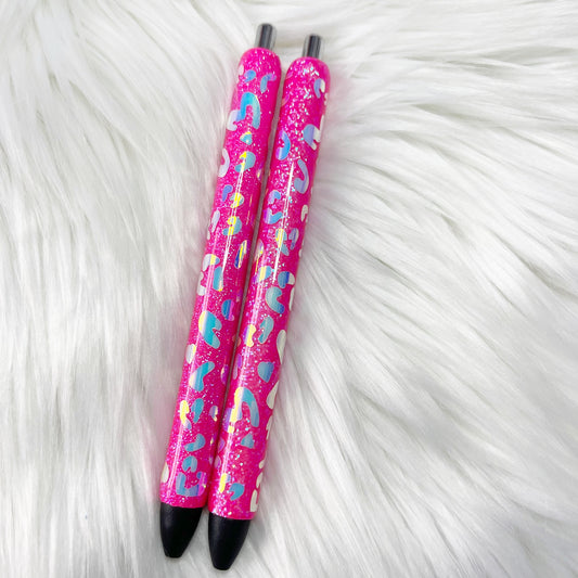 Pink Heart Holo Leopard Glitter Pen